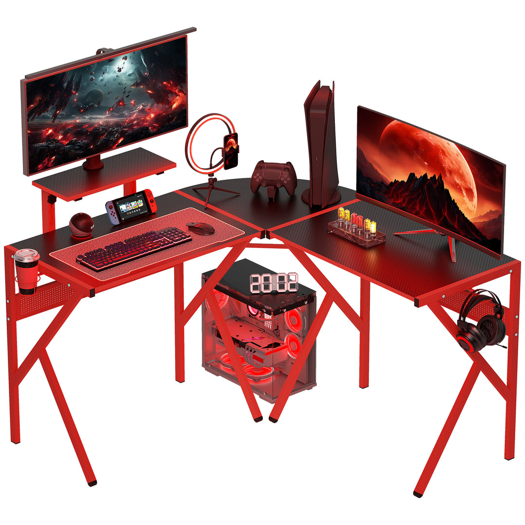 Gaming Desk L-Shaped Corner Computer Table for Home Office PC Workstations with Adjustable Monitor Stand , Red