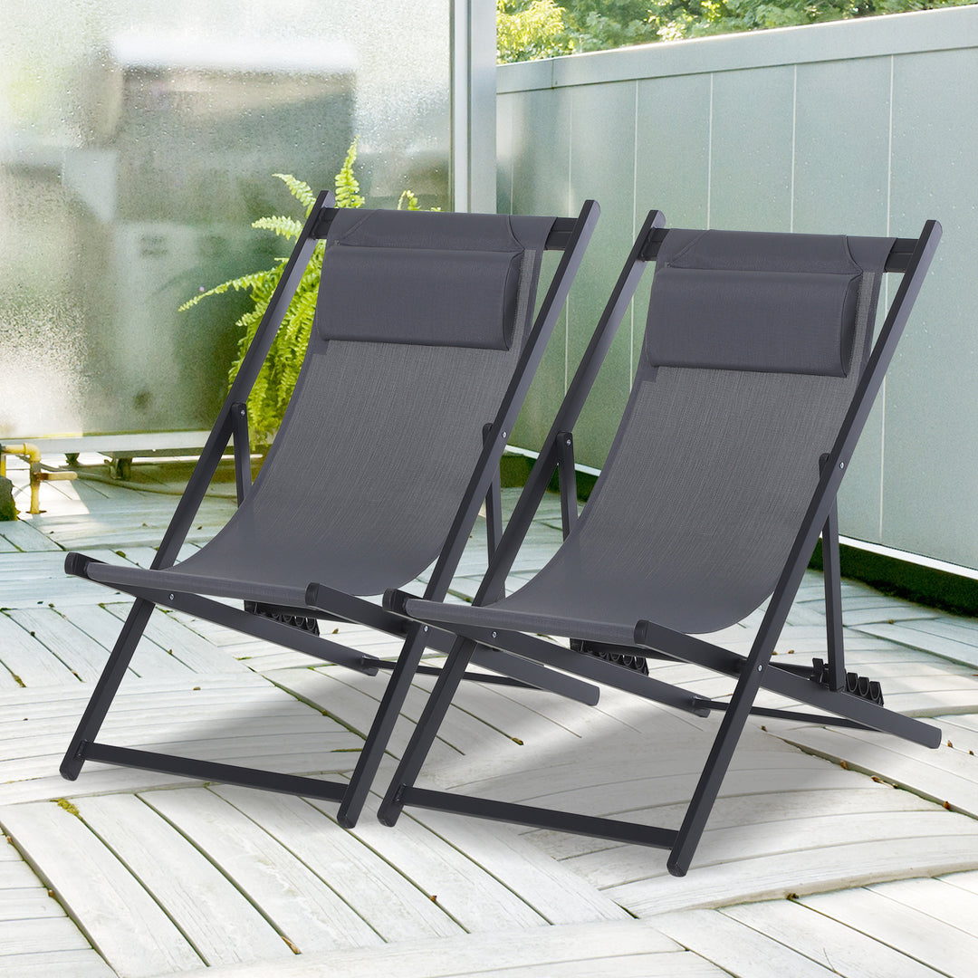 Set of 2 Folding Garden Beach Deck Chairs Deckchairs Seaside Folding Garden Patio Lounger, Grey