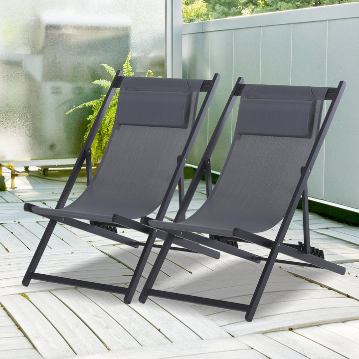 Set of 2 Folding Garden Beach Deck Chairs Deckchairs Seaside Folding Garden Patio Lounger, Grey