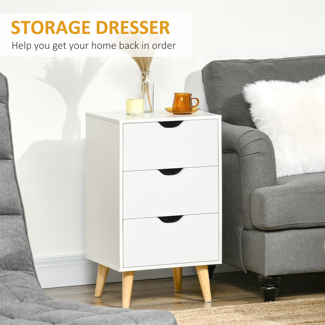 Bedroom 3-Drawer Bedside Unit with Wood Legs and Cut-out Handles, White