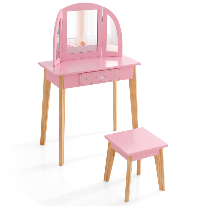 Kids Dressing Table and Stool Set Tri-Folding Mirror and Drawer -Pink