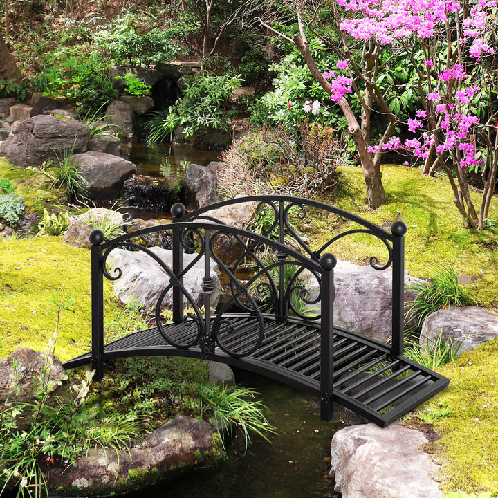 Classic Metal Garden Bridge with Safety Railings Arc Footbridge Decorative Pond  for Backyard Creek Stream, Black