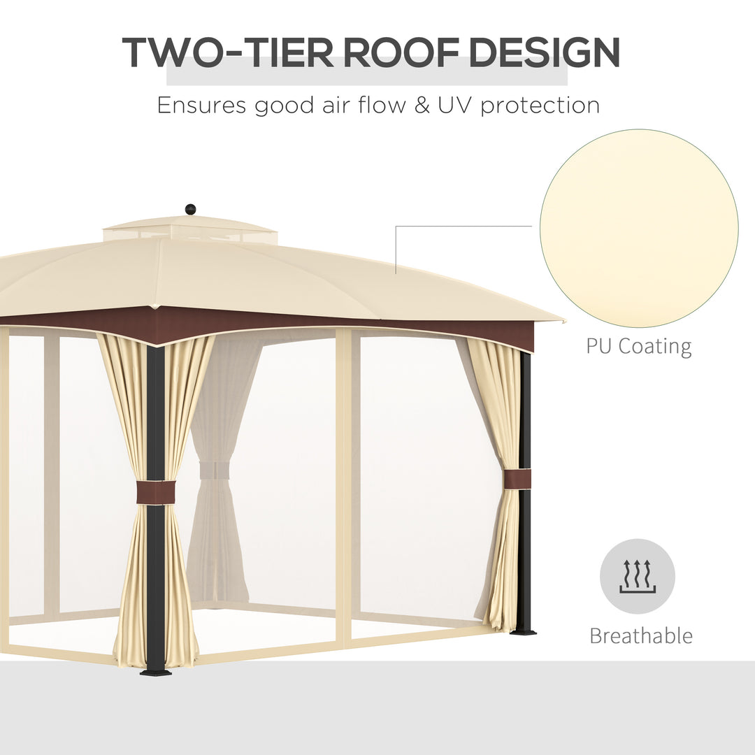 Outsunny 4 x 3(m) Patio Gazebo, Garden Canopy Shelter with Double Tier Roof, Removable Netting and Curtains for Lawn, Poolside, Khaki