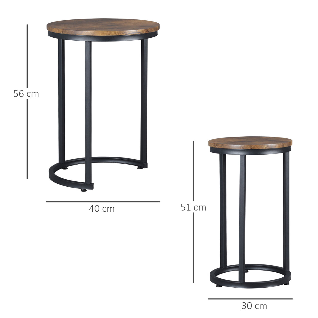 Round Nesting Tables Set of 2 Industrial Stackable Side Tables with Rustic Wood Grain Metal Frame for Living Room Brown