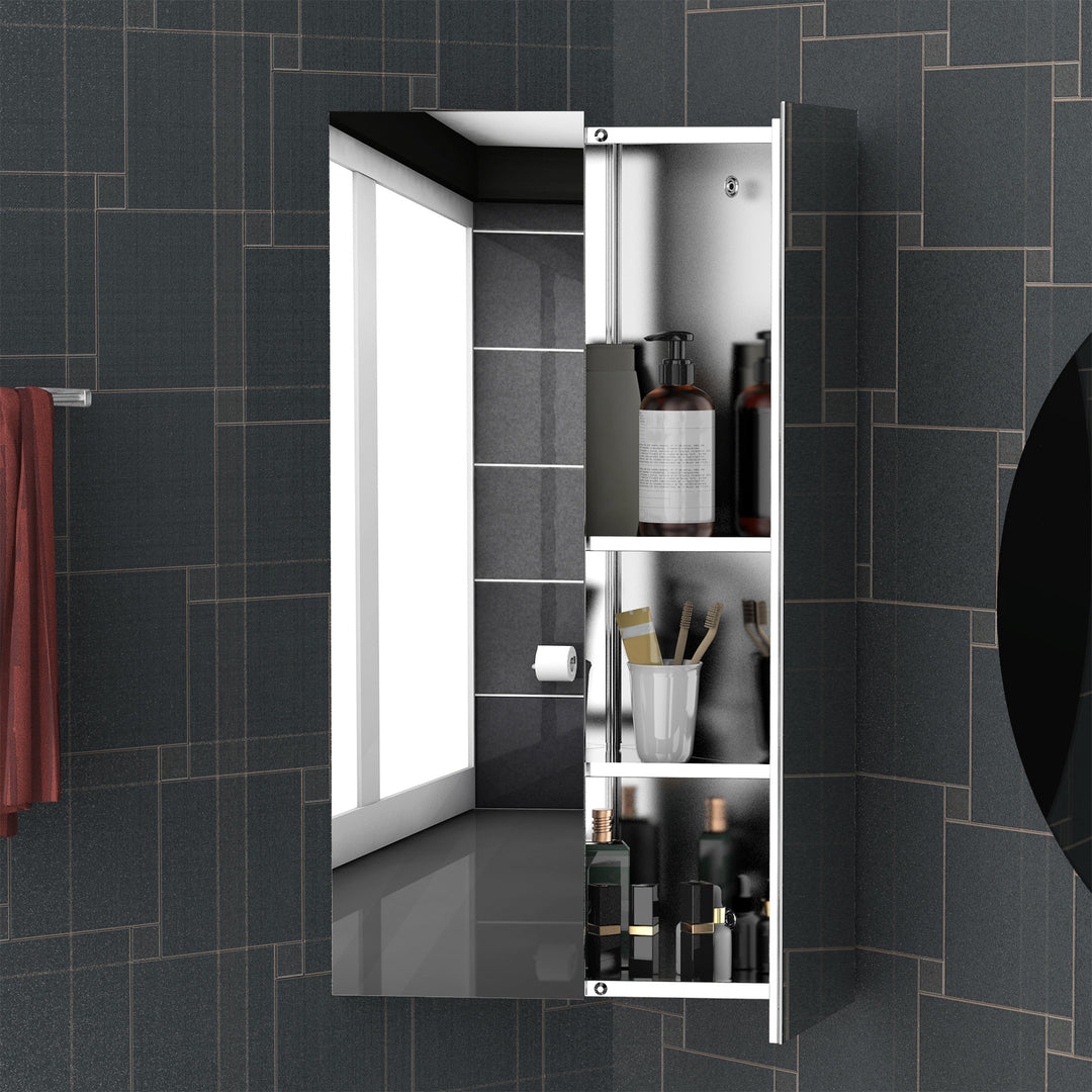 Corner Mirrored Bathroom Cabinet with 3 Shelves 2 Doors On-Wall Storage Unit Stainless Steel Frame
