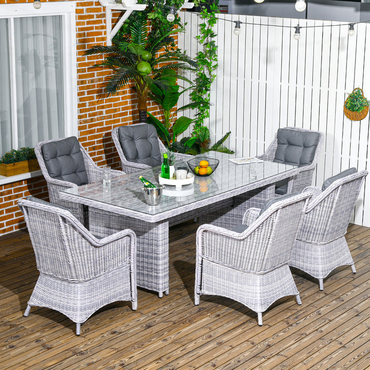 7 PCS Outdoor PE Rattan Dining Table Set, Patio Wicker Aluminium Chair Furniture w/ Tempered Glass Table Top, Grey