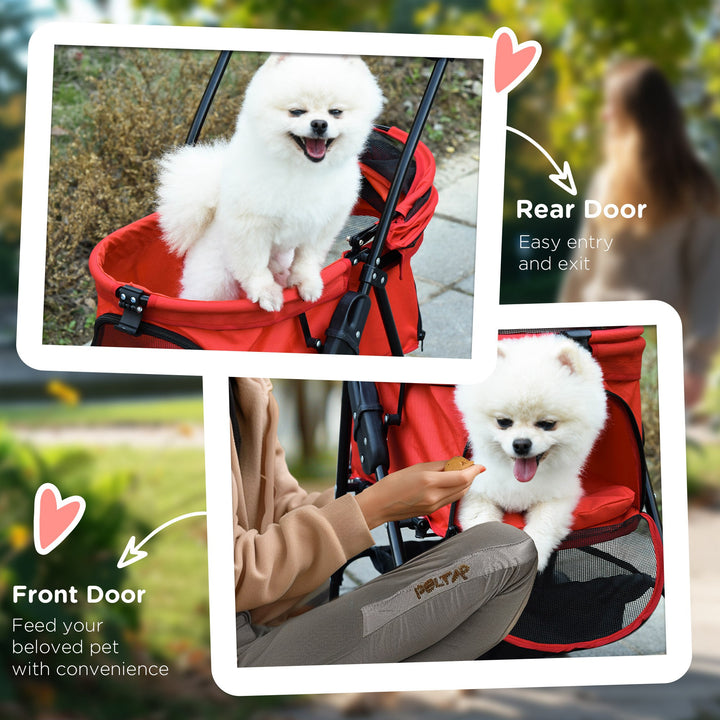 PawHut Pet Stroller No-Zip Dog Cat Travel Pushchair Fold Trolley Jogger with EVA Wheels Brake Basket Adjustable Canopy Safety Leash Red