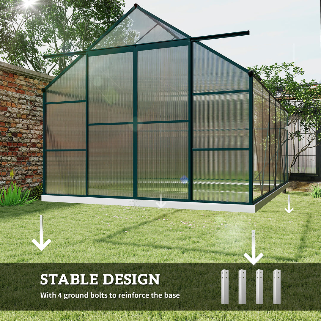 Aluminium Greenhouse Polycarbonate Walk-in Garden Greenhouse Kit with Adjustable Roof Vent, Rain Gutter and Foundation, 8 x 12ft, Clear