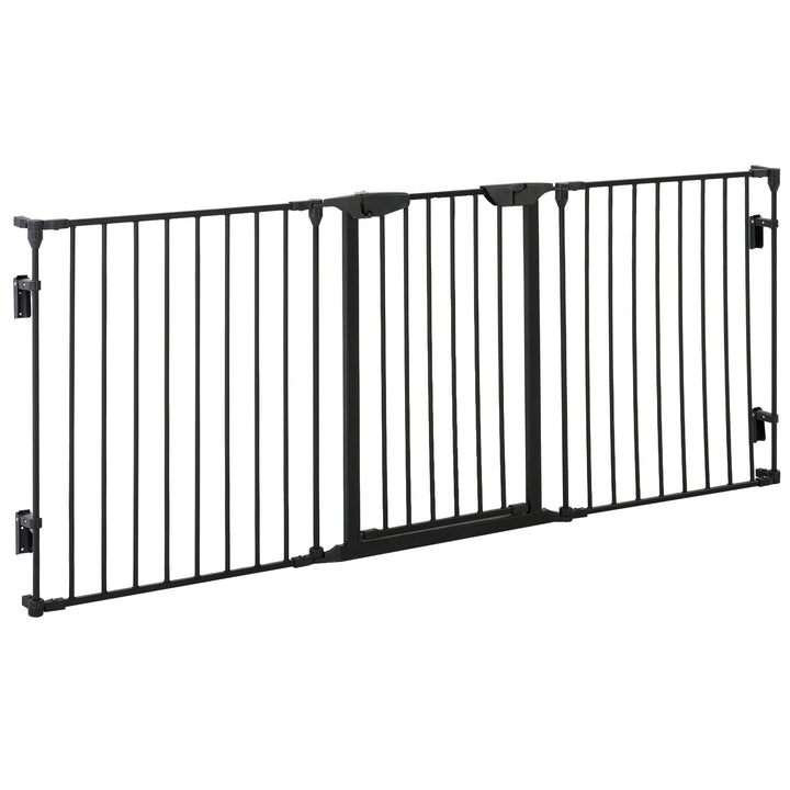 PawHut Pet Gate 3-Panel Playpen Metal Safety Fence Stair Gate For Dogs Barrier Room Divider with Walk Through Door Automatically Close Lock