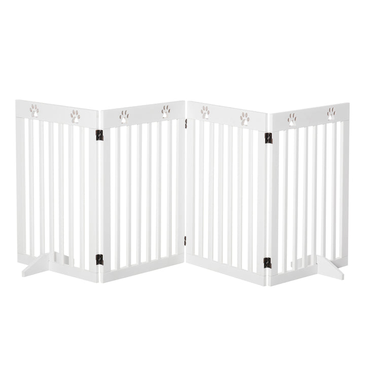 PawHut Pet Gate 4 Panel Wooden Foldable Fence Freestanding Dog Safety Barrier with 2 Support Feet for Doorways Stairs 80'' x 30'' White