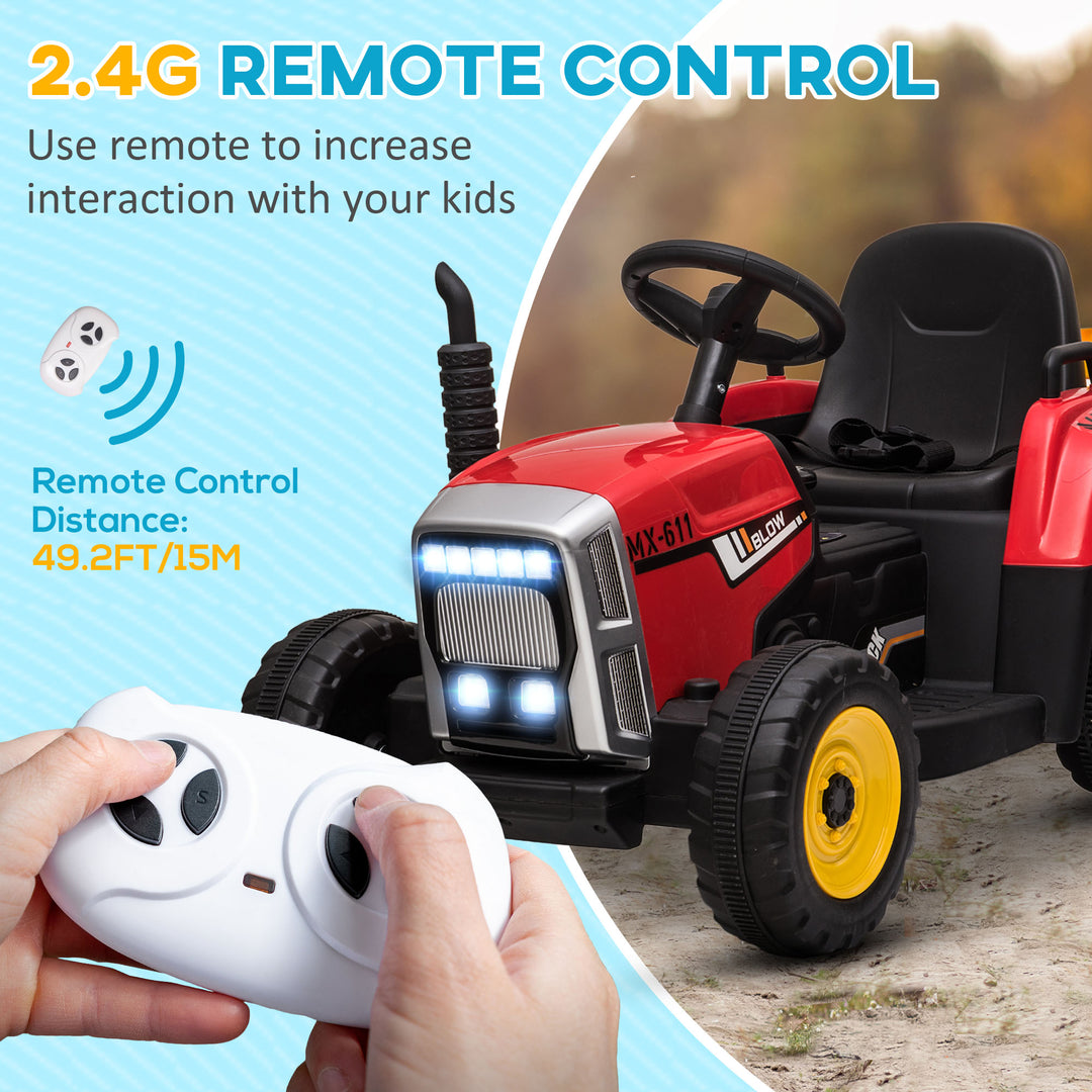 Electric Ride on Tractor with Detachable Trailer, 12V Kids Battery Powered Electric Car with Remote Control, Music Start up Sound and Horn, Lights, for Ages 3-6 Years - Red