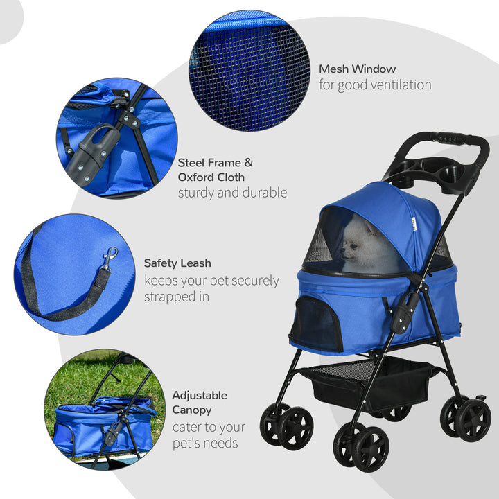 PawHut No-Zip Pet Stroller Dog Cat Travel Pushchair One-Click Fold Trolley Jogger with EVA Wheels Brake Basket Adjustable Canopy Safety Leash Blue