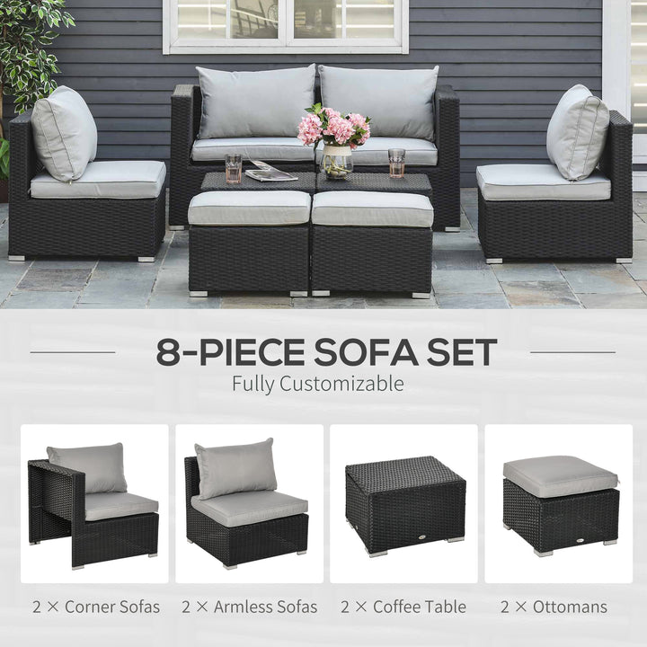Outsunny 6-Seater Garden Rattan Wicker Sofa Set w/ Coffee Table, Wicker Weave Chair, Space-saving Footstool, Padded Cushions, Black