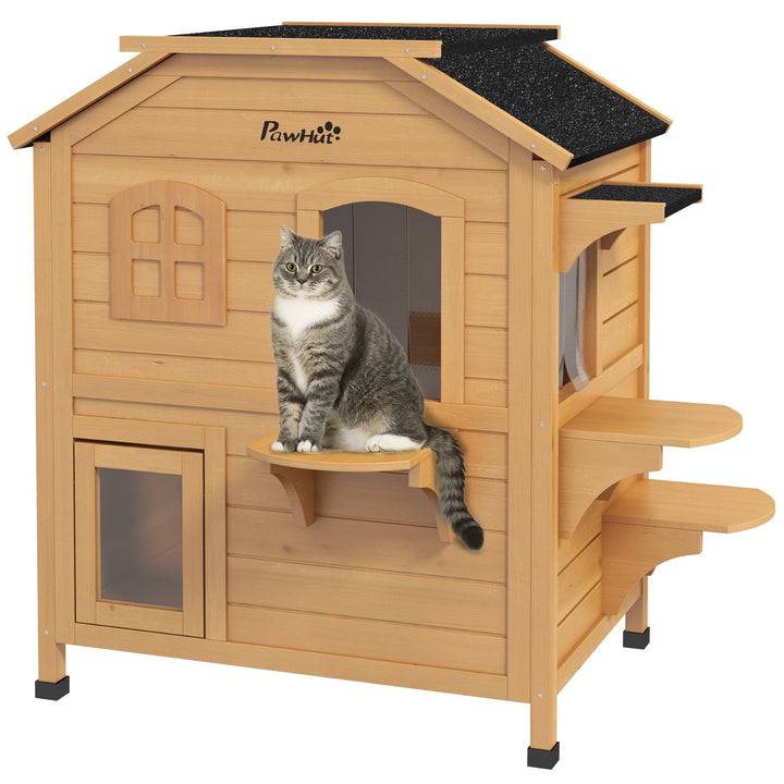 Wooden Cat House Condos Cat Cave Pet Shelter 2 Floor Villa Outdoor Furniture Natural Wood Finish