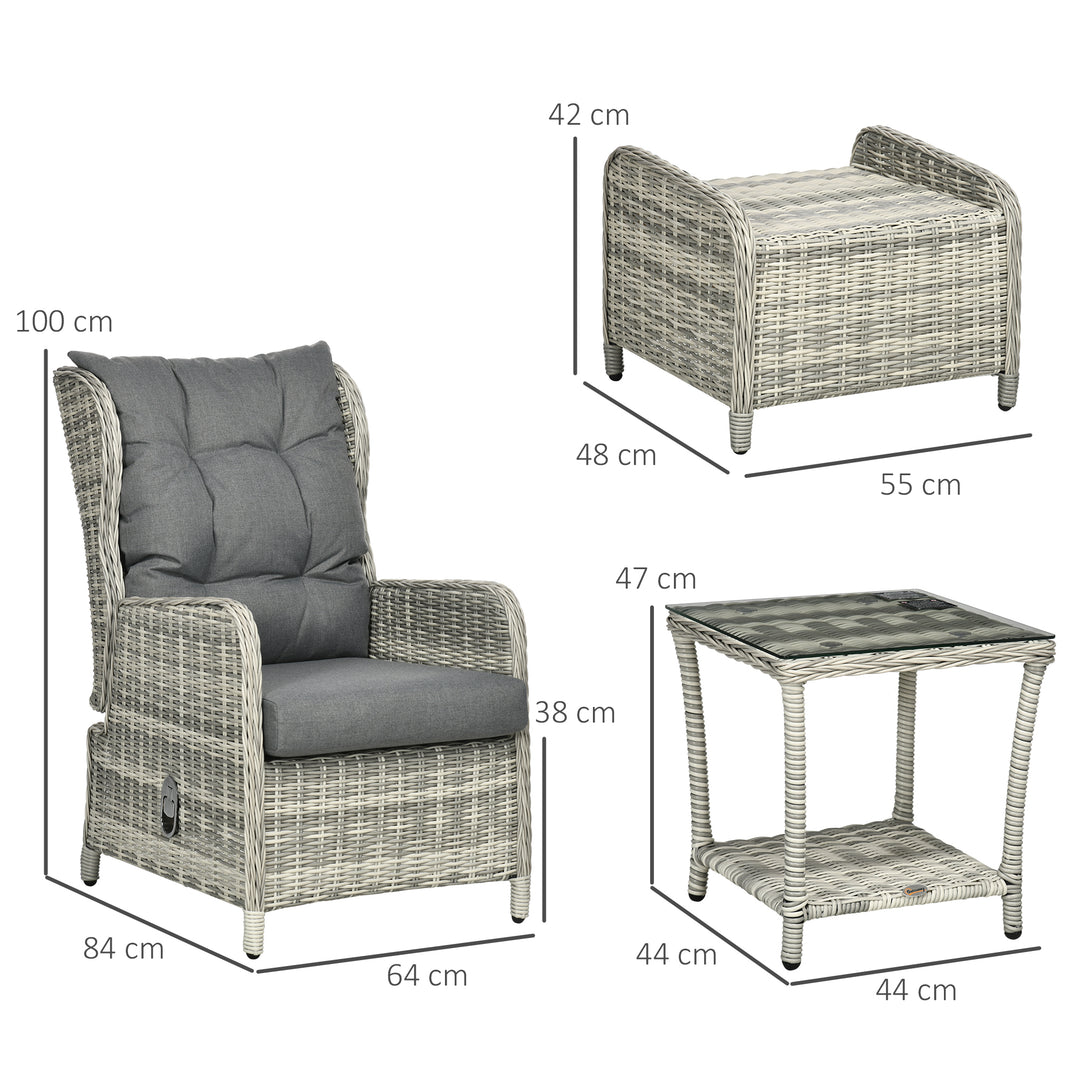 5 Pieces PE Rattan Sun Lounger Set, Outdoor Half-round Wicker Recliner Sofa Bed with Glass Top Two-tier Table and Footstools, Mixed Grey