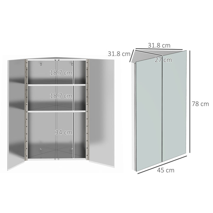 Corner Mirrored Bathroom Cabinet with 3 Shelves 2 Doors On-Wall Storage Unit Stainless Steel Frame