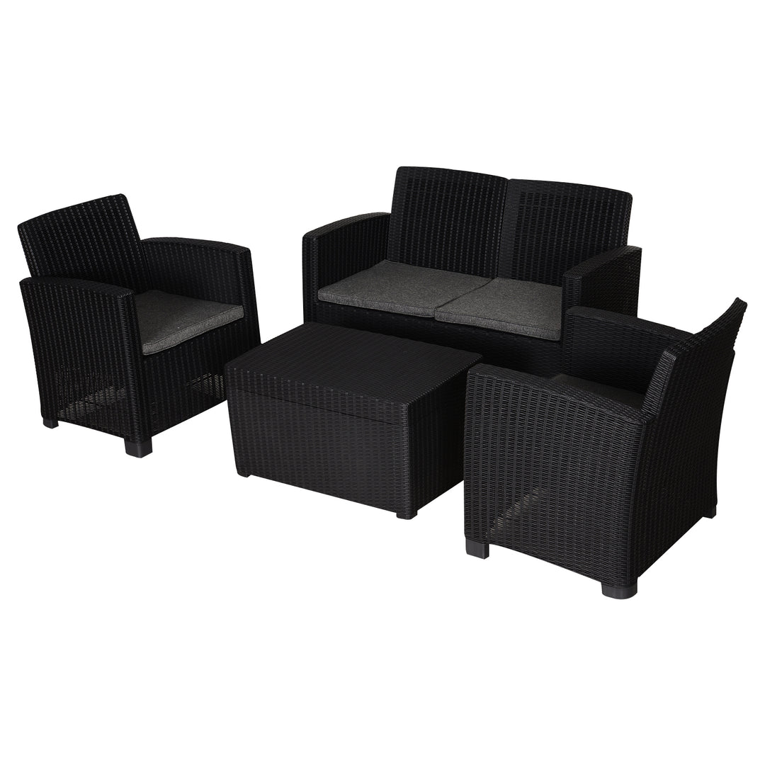 Garden PP Rattan Style Sofa Table Set 4 Seater Outdoor Patio 2 Single Chairs &amp; 1 Bench Conservatory Furniture Cushioned Black