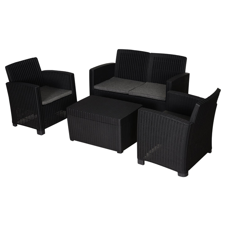 Garden PP Rattan Style Sofa Table Set 4 Seater Outdoor Patio 2 Single Chairs &amp; 1 Bench Conservatory Furniture Cushioned Black