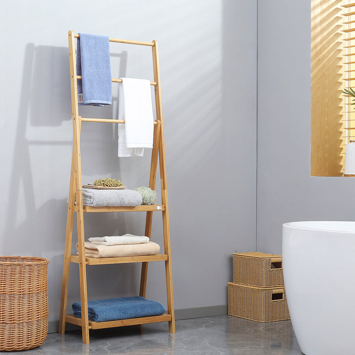 Natural Bamboo Towel Rack with 3 Towel Rails & 3 Storage Shelves for Bathroom