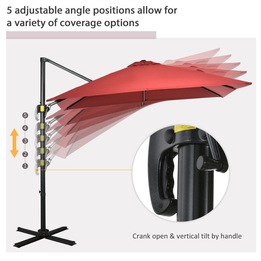 2.5x2.5m Patio Offset Parasol Umbrella Cantilever Hanging Aluminium Sun Shade Canopy Shelter 360°Rotation w/Crank Handle Cross Base Wine Red