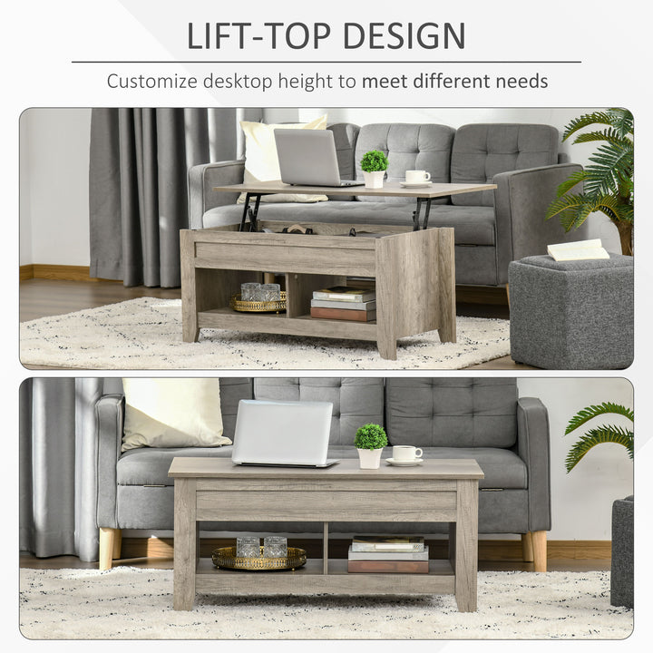 HOMCOM Lift Top Coffee Table w/ Hidden Storage Compartment Open Shelves Lift Tabletop Pop Up Centre Table for Living Room Oak Effect