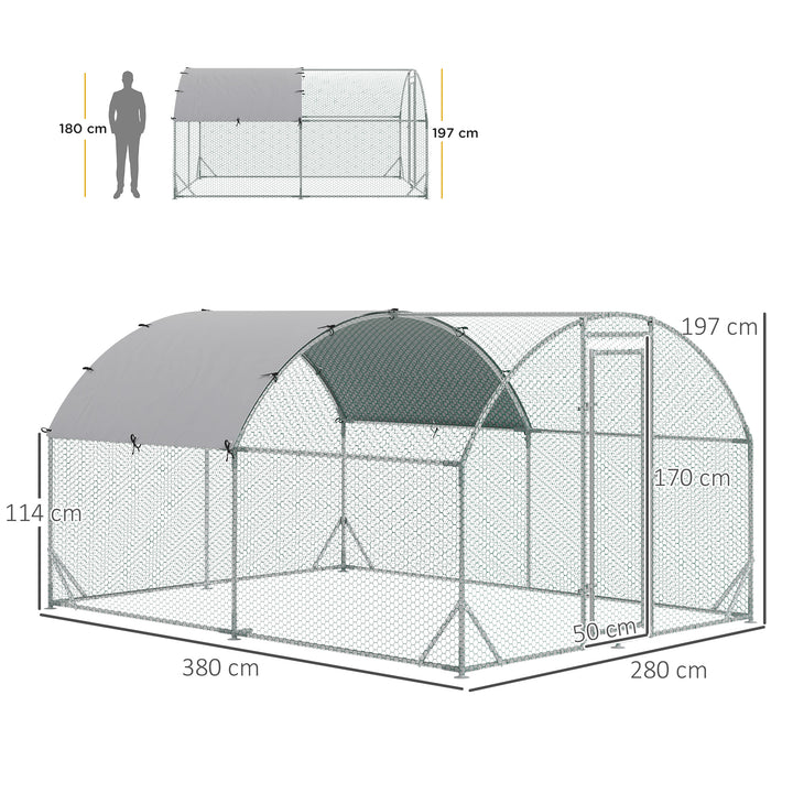 PawHut Walk In Chicken Run Galvanized Chicken Coop Hen Poultry House Cage Rabbit Hutch Pet Playpen Backyard with Water-Resist Cover, 2.8 x 3.8 x 2m