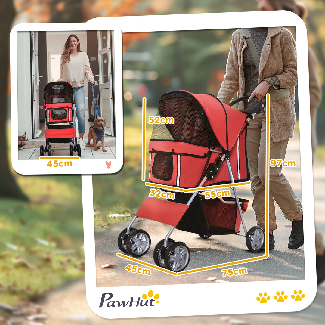 PawHut Pet Stroller Dog Pram Foldable Dog Pushchair Cat Travel Carriage w/ Wheels, Zipper Entry, for Small Pets, Red