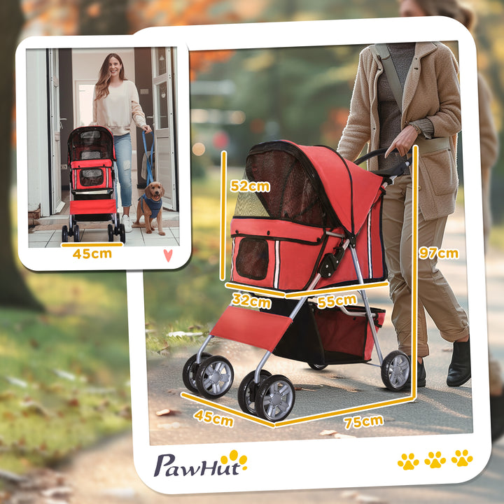 PawHut Pet Stroller Dog Pram Foldable Dog Pushchair Cat Travel Carriage w/ Wheels, Zipper Entry, for Small Pets, Red