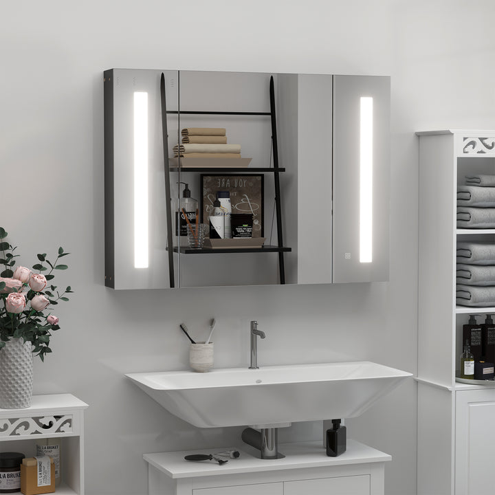 kleankin LED Bathroom Cabinet with Mirror, Wall Mounted Dimmable Storage Organiser with 3 Mirrored Doors and Adjustable Shelves