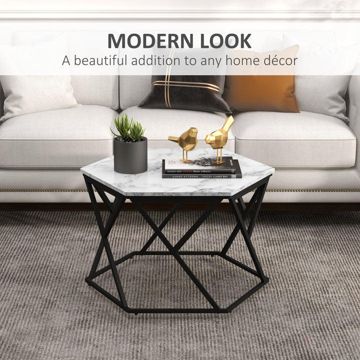Coffee Table with High Gloss Marble Tabletop, Modern Cocktail Table with Steel Frame for Living Room, White