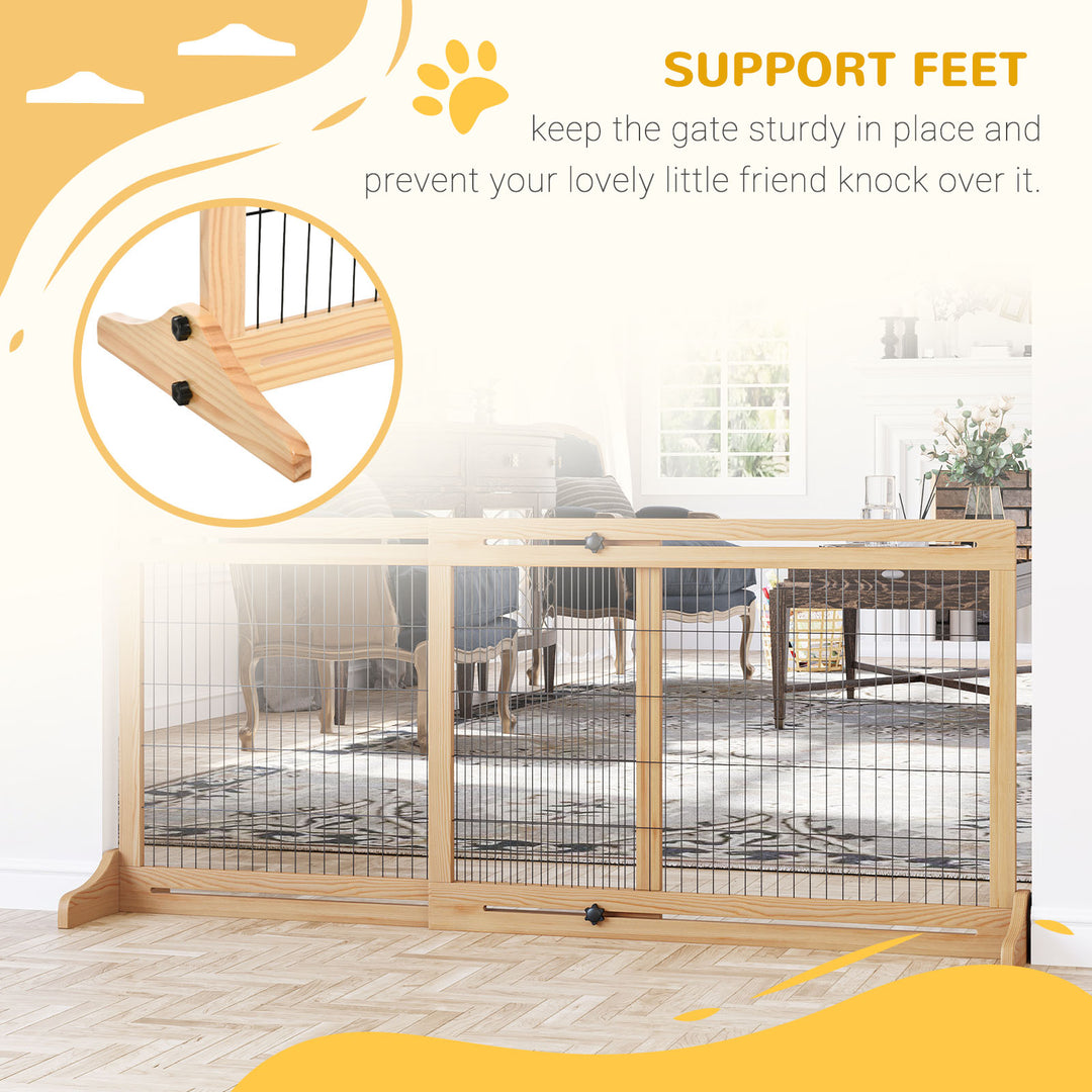 Adjustable Wooden Pet Gate, Freestanding Dog Barrier Fence with 2 Panels for Doorway, Hallway, 69H x 104-183 cm, Natural