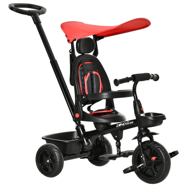 4 in 1 Baby Tricycle Toddler Stroller Foldable Pedal Tricycle w/ Reversible Angle Adjustable Seat Removable Handle Canopy Handrail Belt-Red