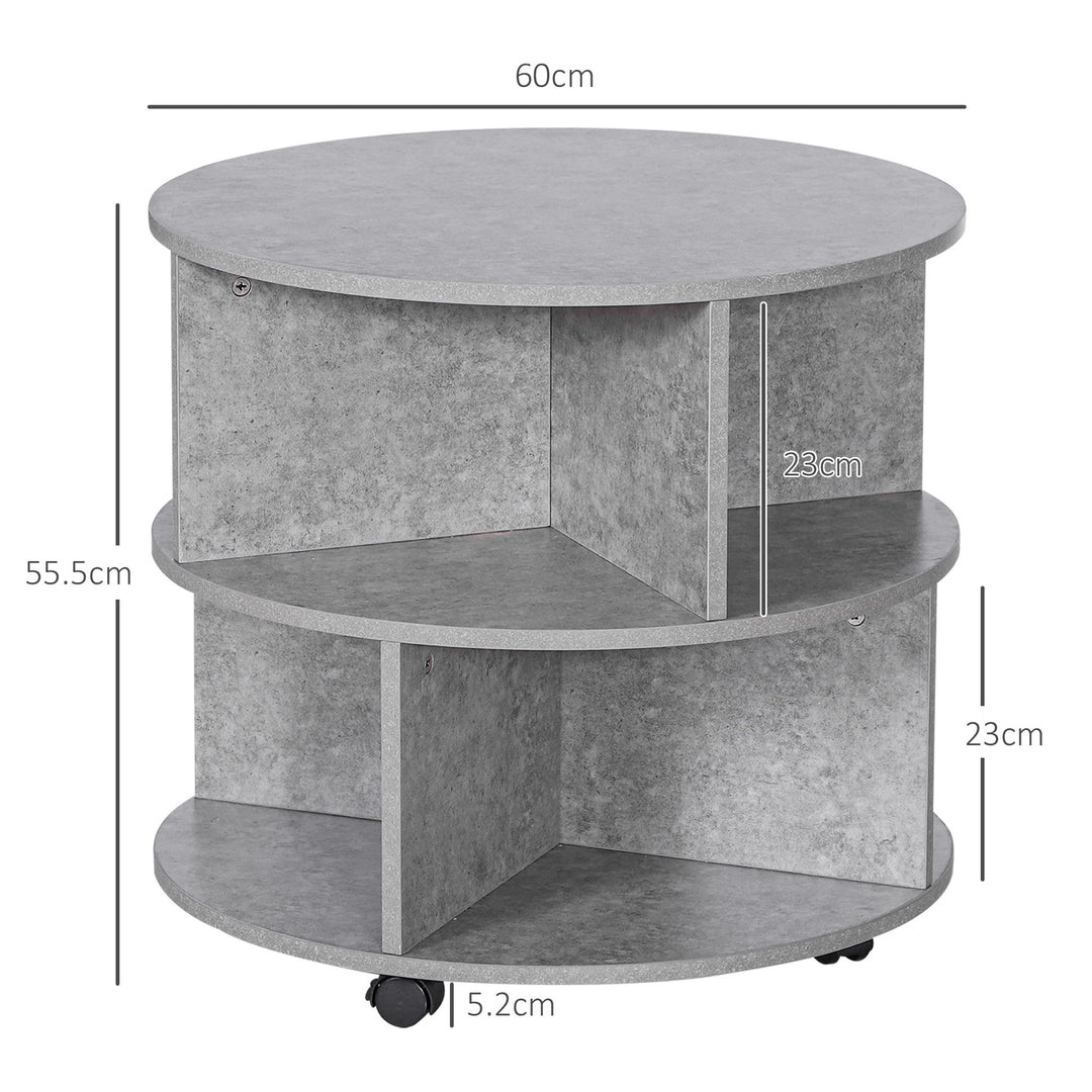 2 Tier Round Side End Table Coffee Desk with Divided Shelves Tea Table Storage Unit Living Room Organiser with Wheels - Cement colour