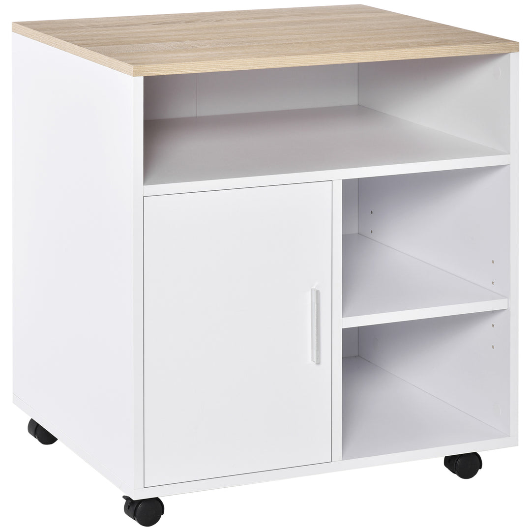 Multi-Storage Printer Stand Unit Office Desk Side Mobile Storage w/ Wheels Modern Style 60L x 50W x 65.5H cm - Oak