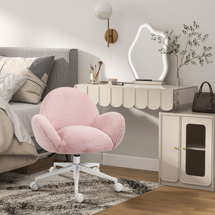 Fluffy Leisure Chair Office Chair with Backrest and Armrest for Home Bedroom Living Room with Wheels Pink