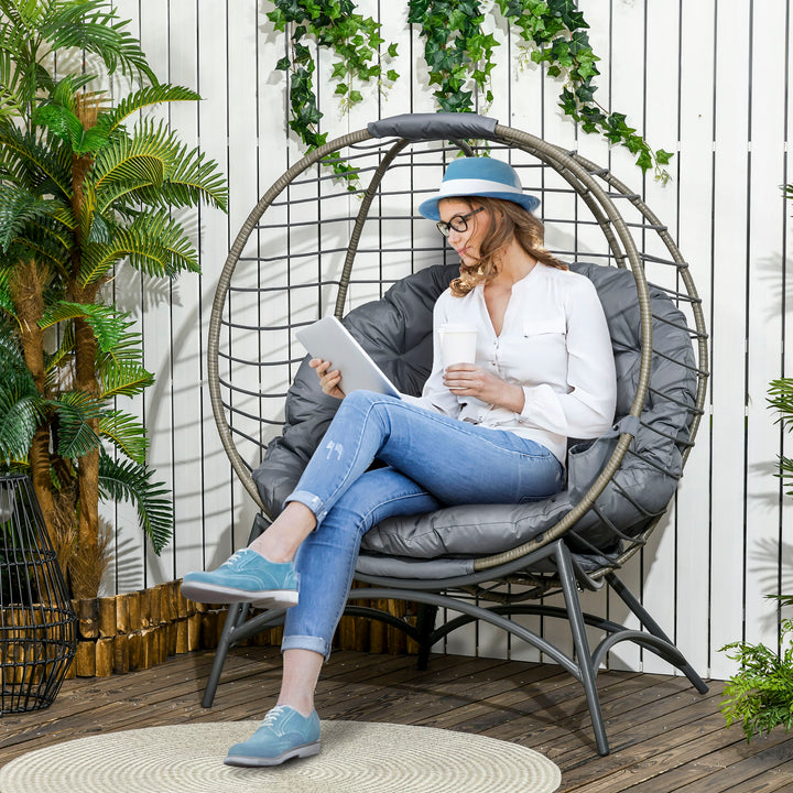 Folding Rattan Egg Chair, Freestanding Basket Chair with Cushion, Bottle Holder Bag for Outdoor or Indoor, Grey and Black