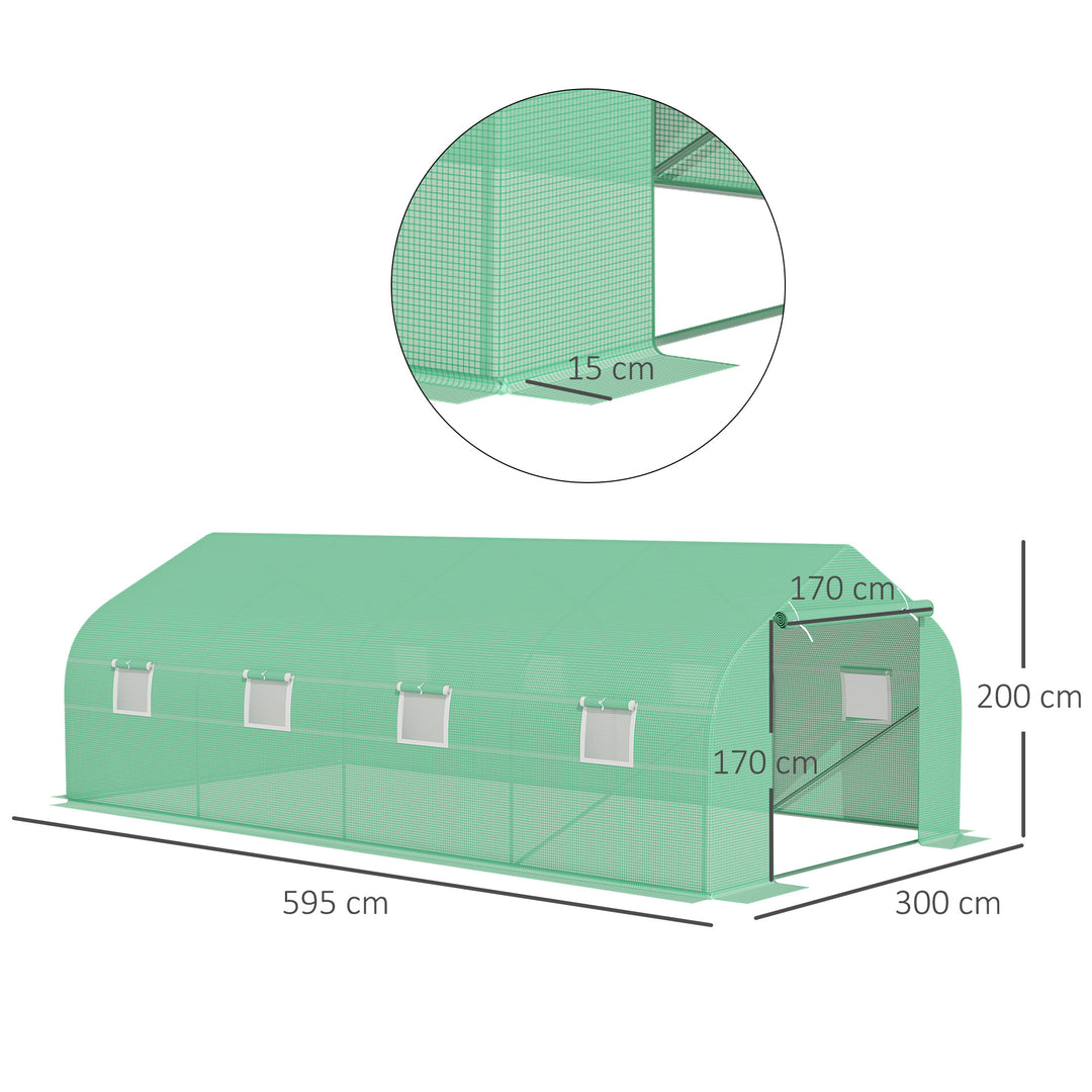 6 x 3 m Large Walk-In Greenhouse Garden Polytunnel Greenhouse w/ Metal Frame, Zippered Door and Roll Up Windows, Green