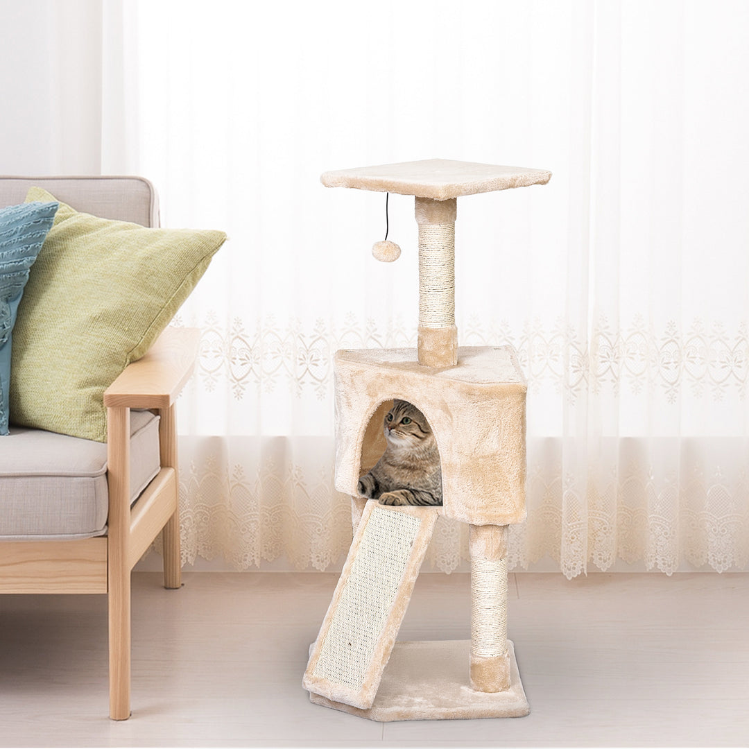 Cats 3-Tier Sisal Rope Scratching Post w/ Dangle Toy Beige