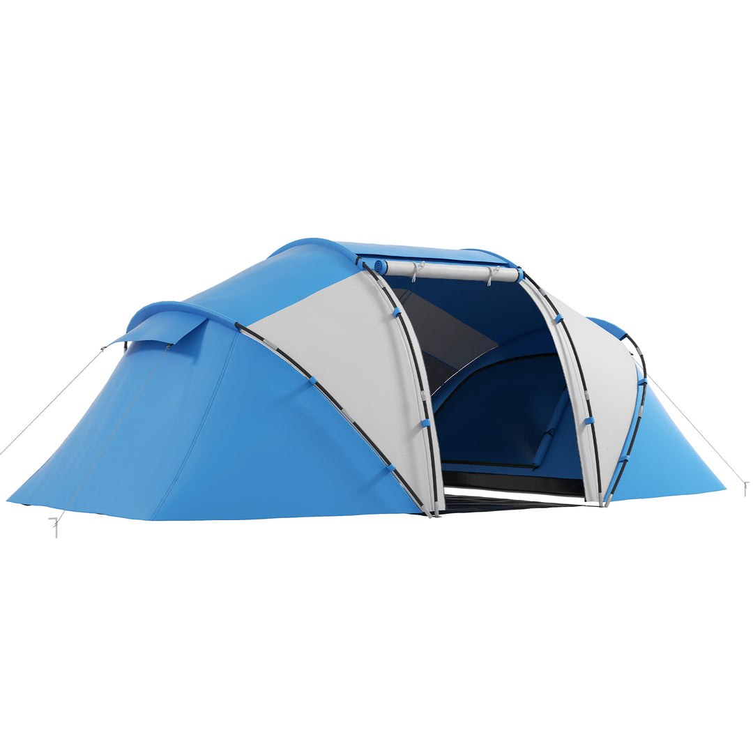 4-6 Man Camping Tent w/ Two Bedroom, Hiking Sun Shelter, UV Protection Tunnel Tent, Blue and White