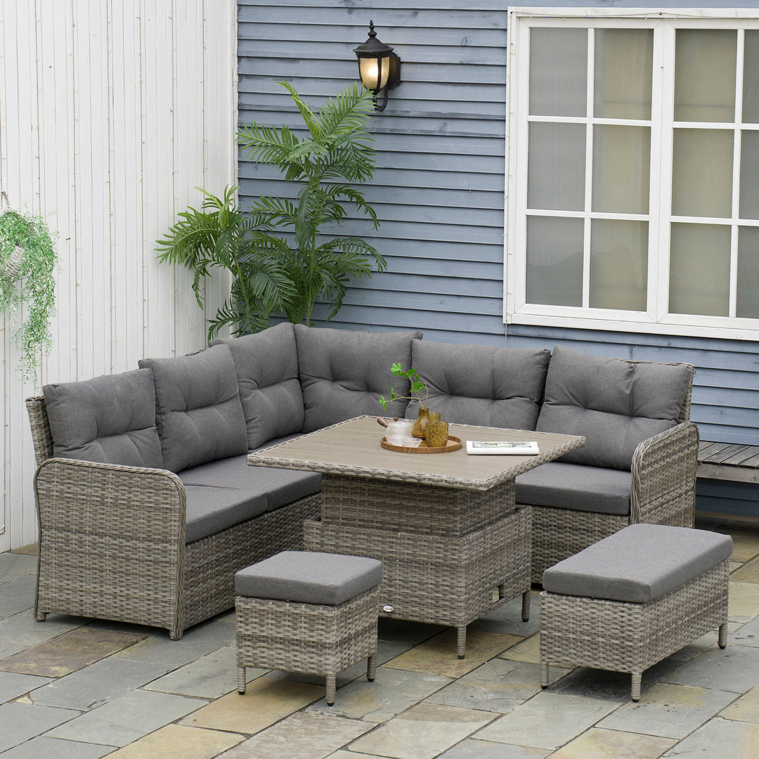 6 Pieces Outdoor PE Rattan Garden Furniture, Patio Wicker Sectional Conversation Corner Sofa w/ Soft Padded Cushion & Liftable Coffee Table