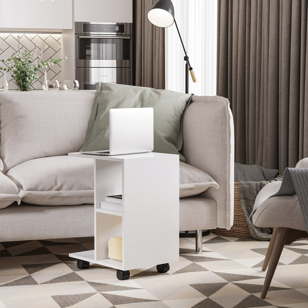 C-Shape End Table Unique Storage Unit w/ 2 Shelves 4 Wheels Freestanding Home Office Furniture Cabinet Square Studio White