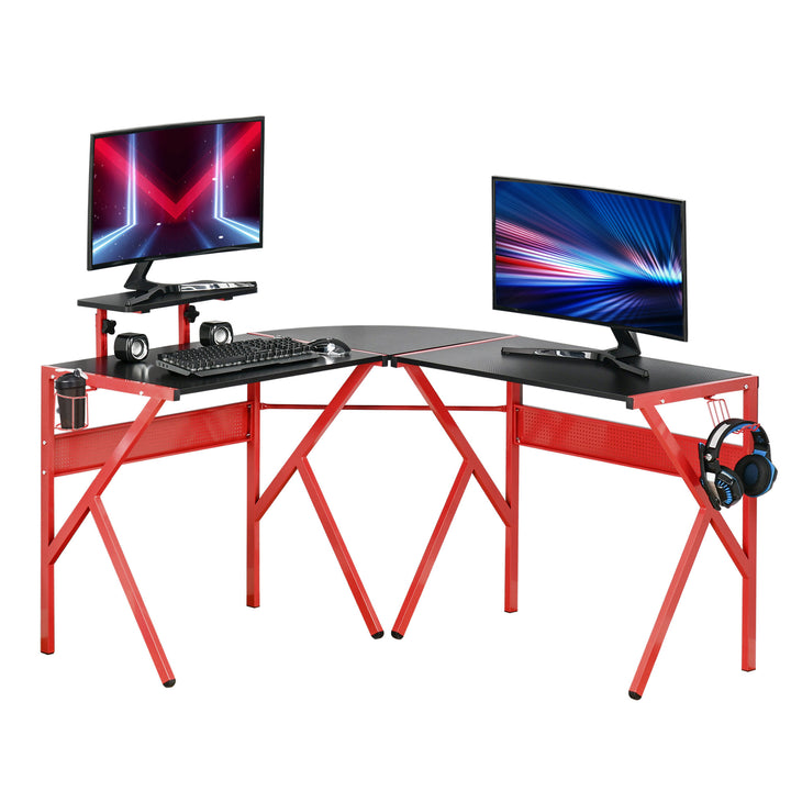 Gaming Desk L-Shaped Corner Computer Table for Home Office PC Workstations with Adjustable Monitor Stand , Red