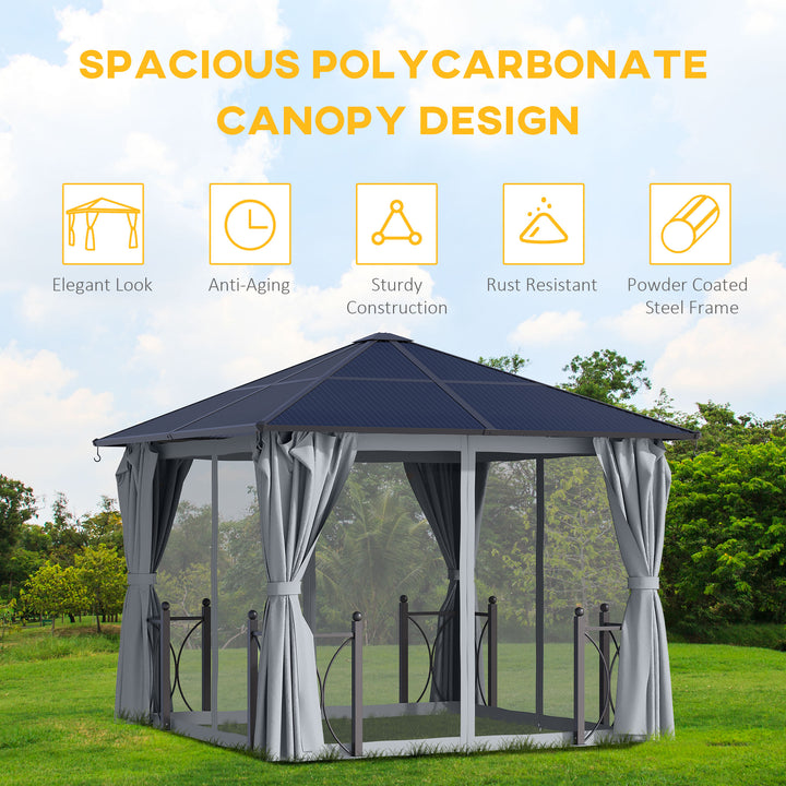 3 x 3(m) Hardtop Gazebo Canopy with Polycarbonate Roof, Steel & Aluminium Frame, Garden Pavilion with Mosquito Netting and Curtains, Black