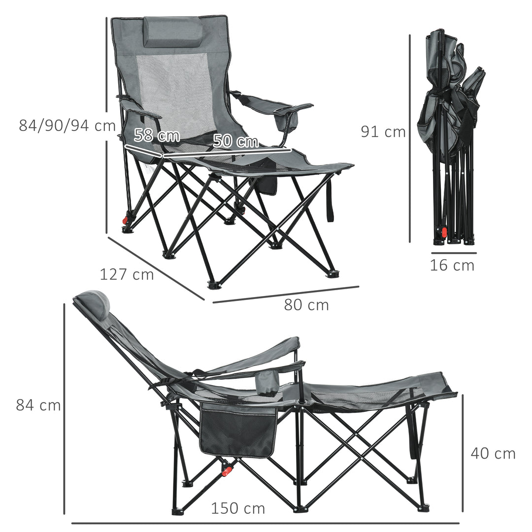Foldable Reclining Garden Chairs with Footrest and Adjustable Backrest, Portable Camping Chair with Headrest, Cup Holder and Carry Bag, Grey