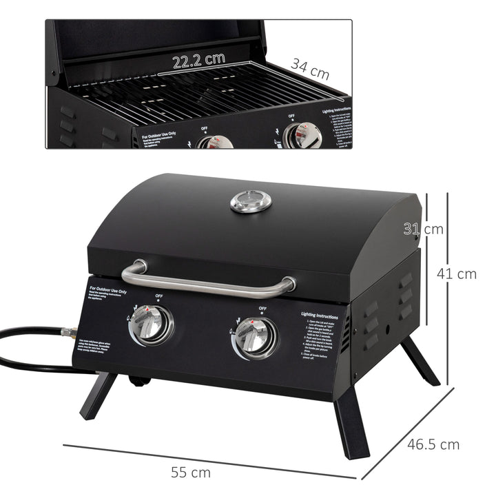 Outsunny 2 Burner Gas Barbecue Grill Garden Portable Tabletop BBQ w/ Folding Legs, Lid, Thermometer, Carbon Steel Body, Black