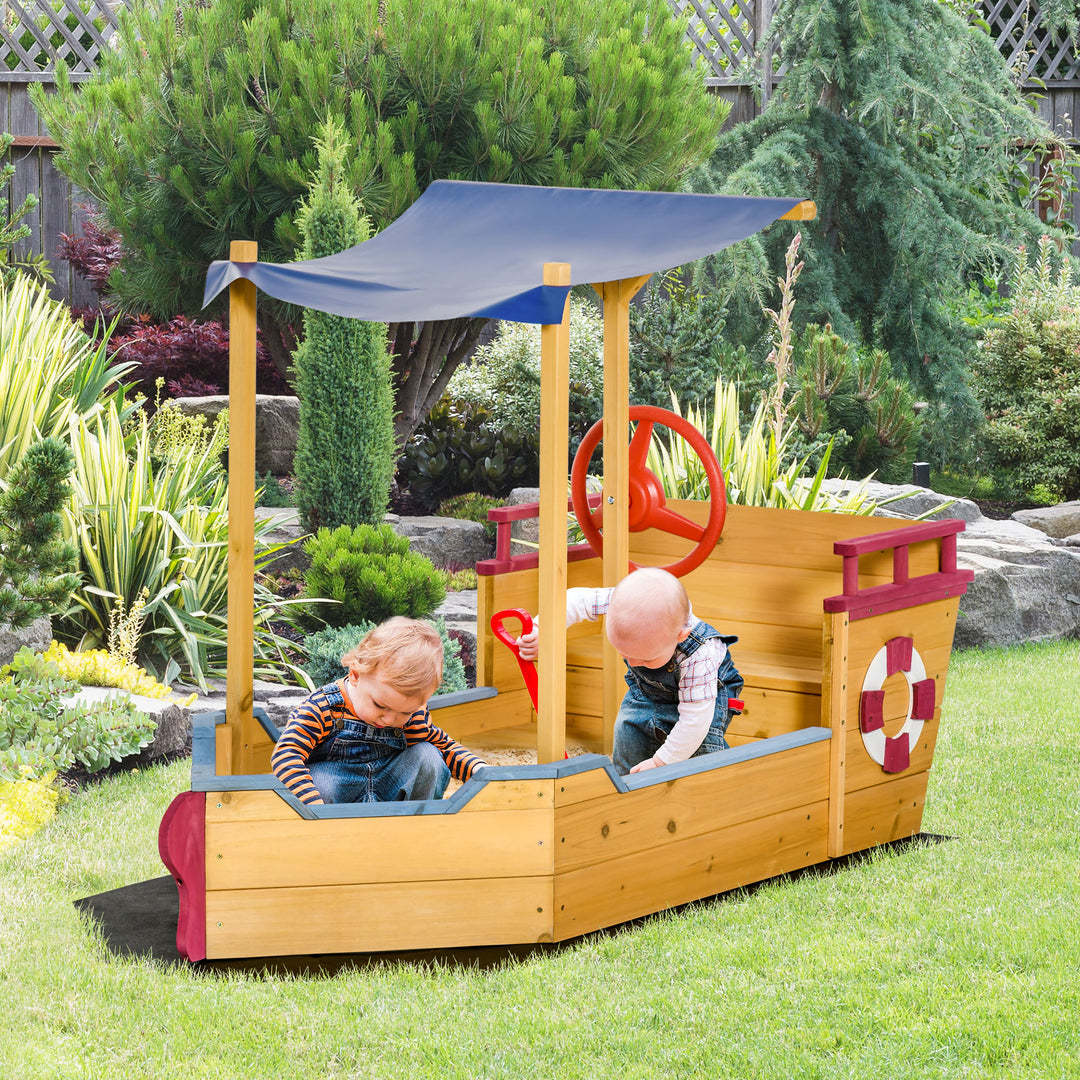 Kids Wooden Sandbox Play Station, Covered Children Sand boat Outdoor, for Backyard, w/ Canopy Shade, Aged 3-8 Years Old, Orange