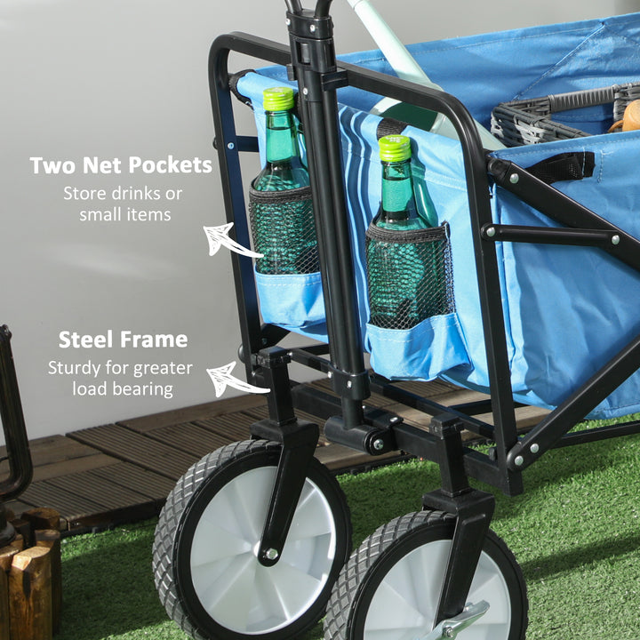 Outsunny Garden Trolley Cart Folding Cargo Wagon Trailer Trolley for Beach Garden Use with Telescopic Handle - Blue