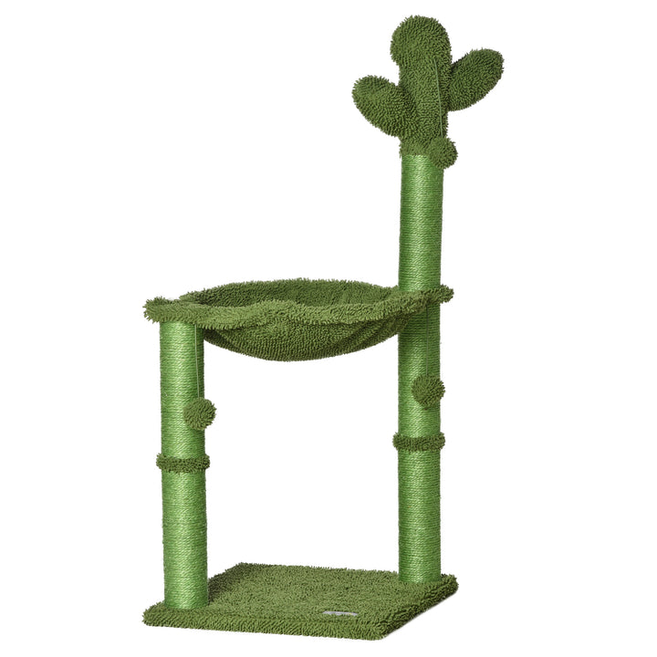 PawHut Cat Tower Kitten Activity Center Cactus Shape with Scratching Post Hammock Bed Dangling Ball Toy