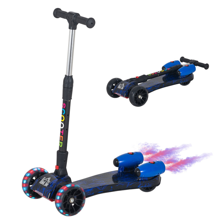 Kids 3 Wheel Kick Scooter Adjustable Height w/ Flashing Wheels Music Water Spray Foldable Design Cool On Off Road Vehicle Blue