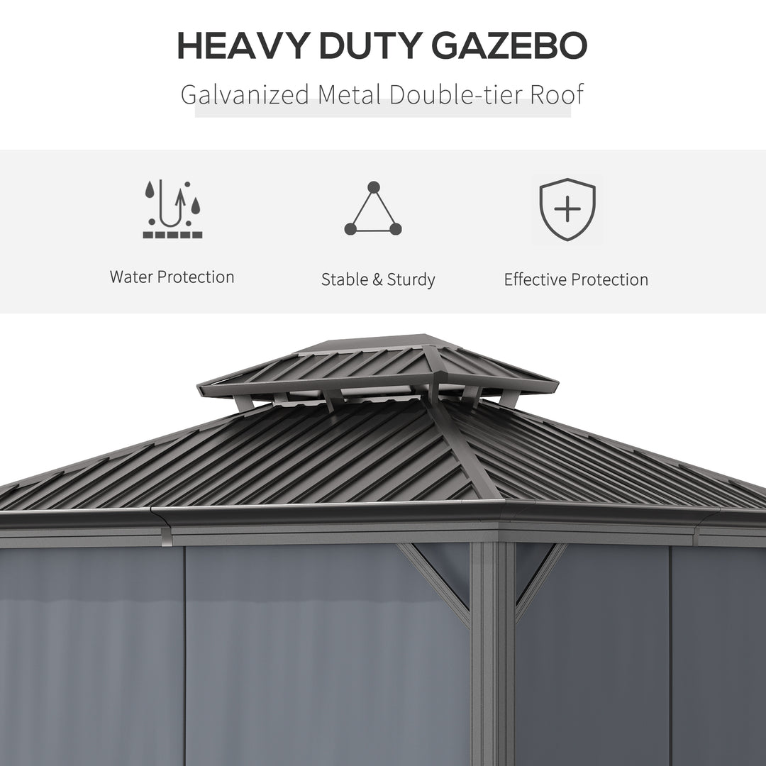 3.7 x 3(m) Outdoor Hardtop Gazebo Canopy Aluminum Frame with 2-Tier Roof &amp; Mesh Netting Sidewalls for Patio, Grey